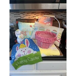 Easter Decor Lot Bunny Pillows Throw Blanket Resin Rabbit Basket Spring Decor